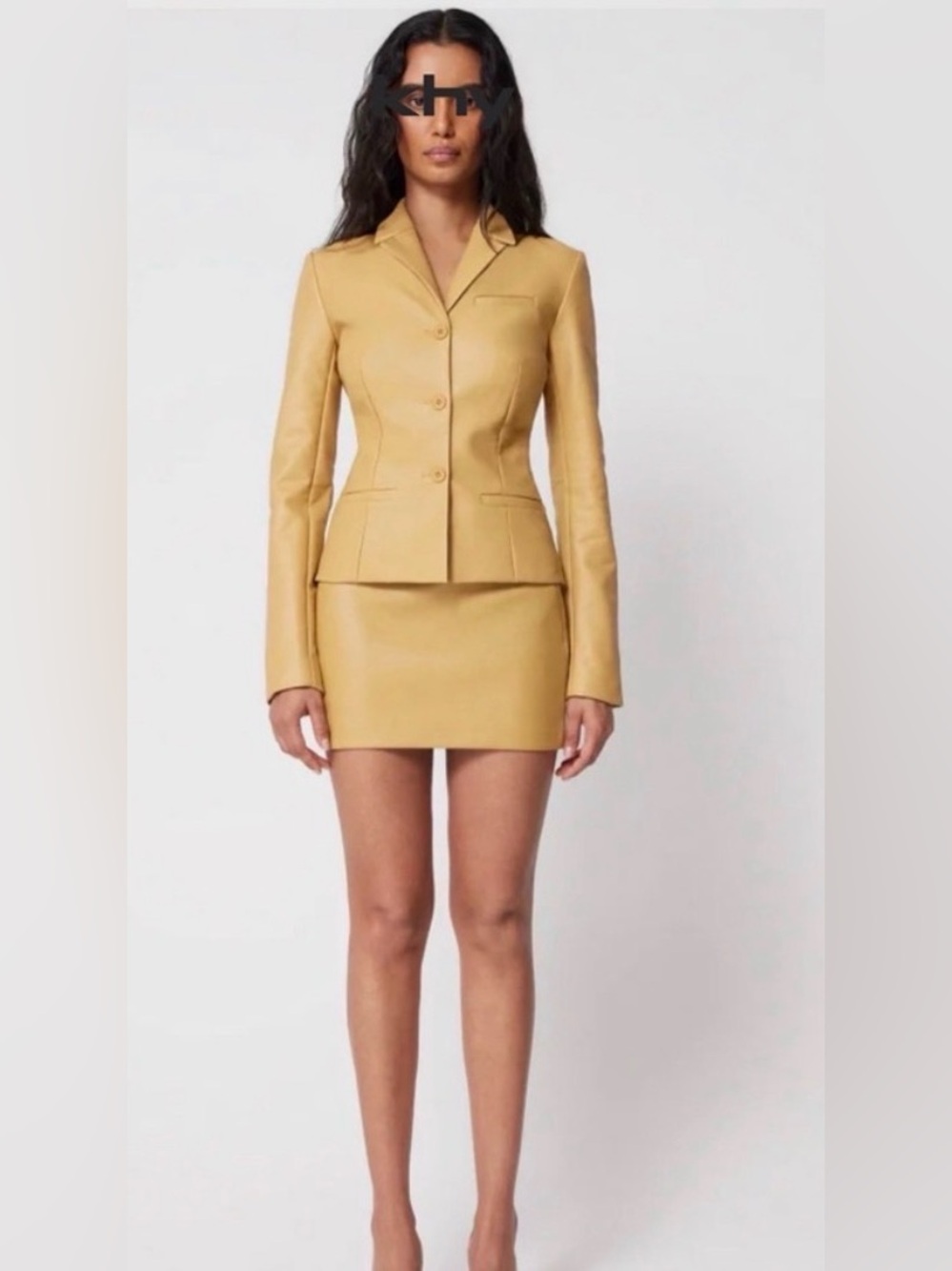 KHY Kylie Jenner honey faux leather fitted blazer and micro mini skirt